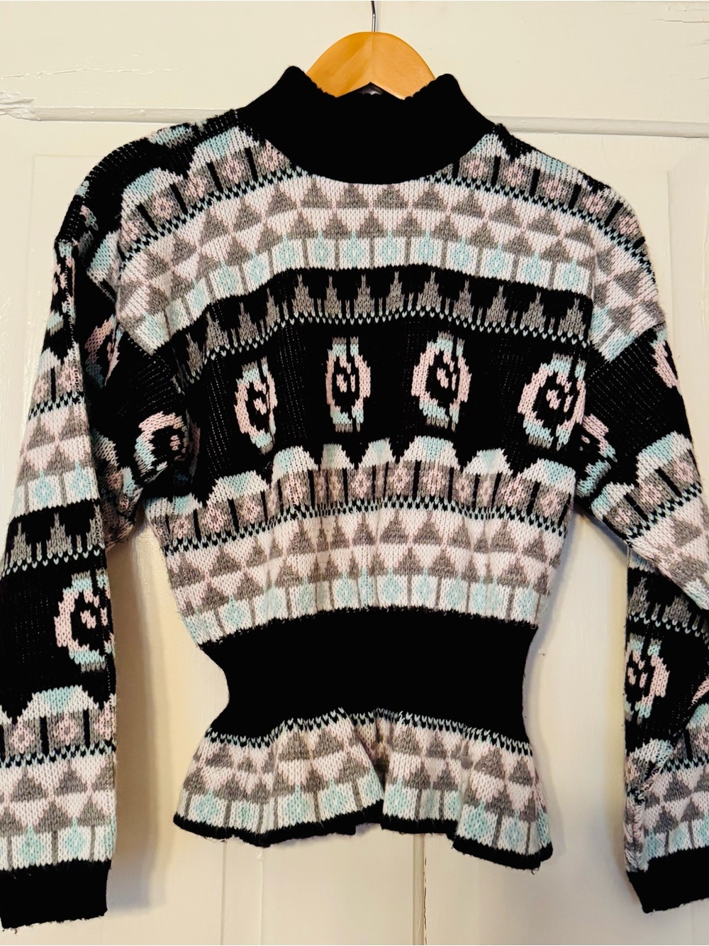 Vintage 1980s Croquet Club cinched waist peplum sweater in black and pastels